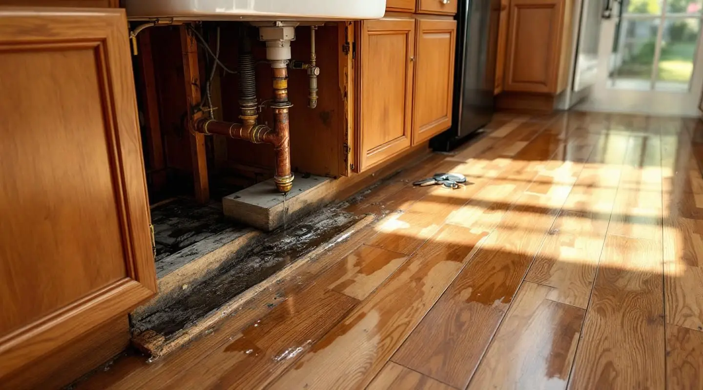 Water pooling on a kitchen floor from an under-sink leak, with restoration equipment visible