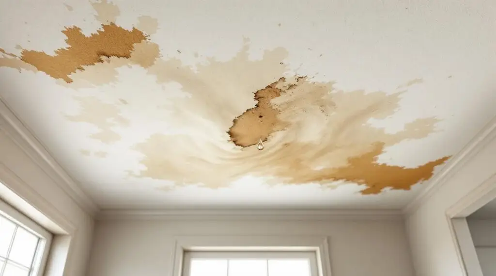 Dominion Restoration technician inspecting a water-damaged ceiling with a moisture meter in a Evans home.
