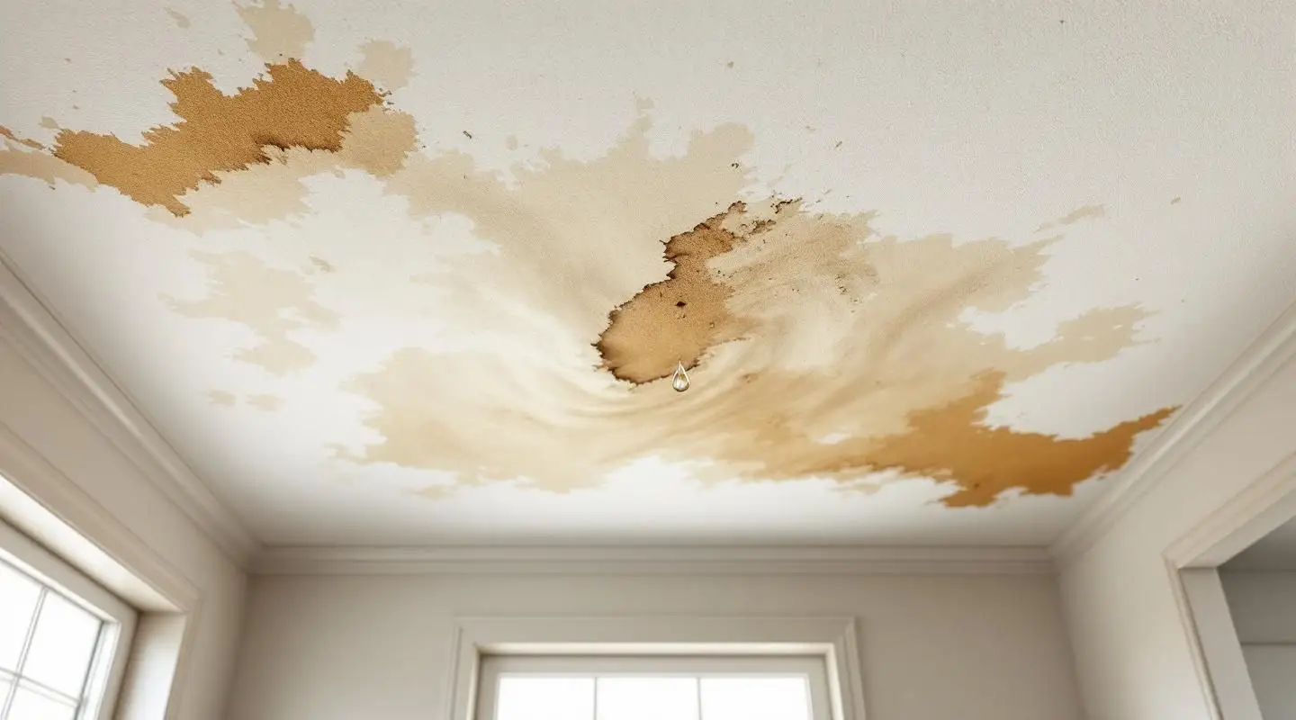 Dominion Restoration technician inspecting a water-damaged ceiling with a moisture meter in a Loveland home.