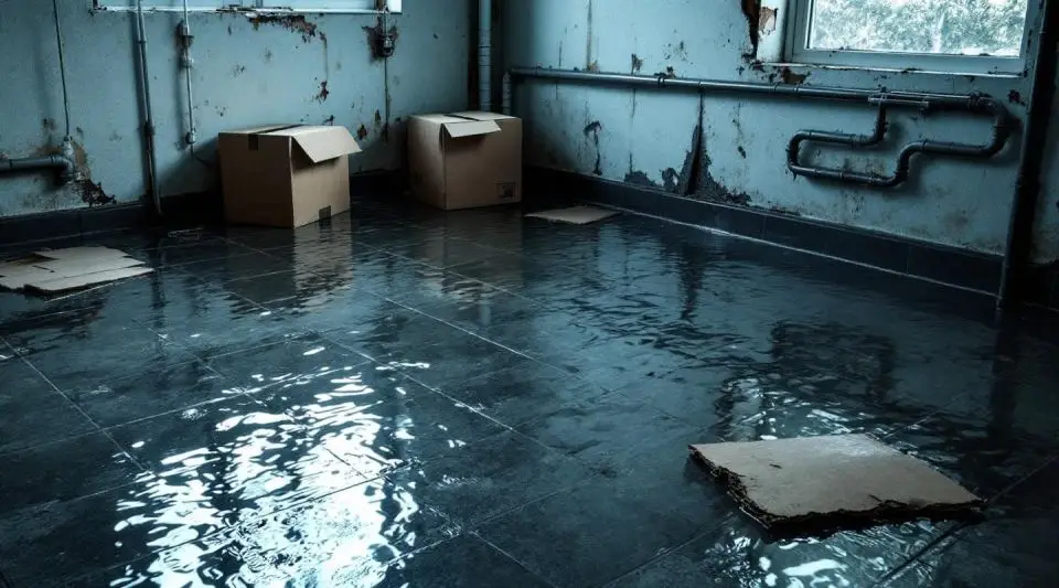 Dominion Restoration technician using professional water extraction equipment in a flooded Loveland home basement.
