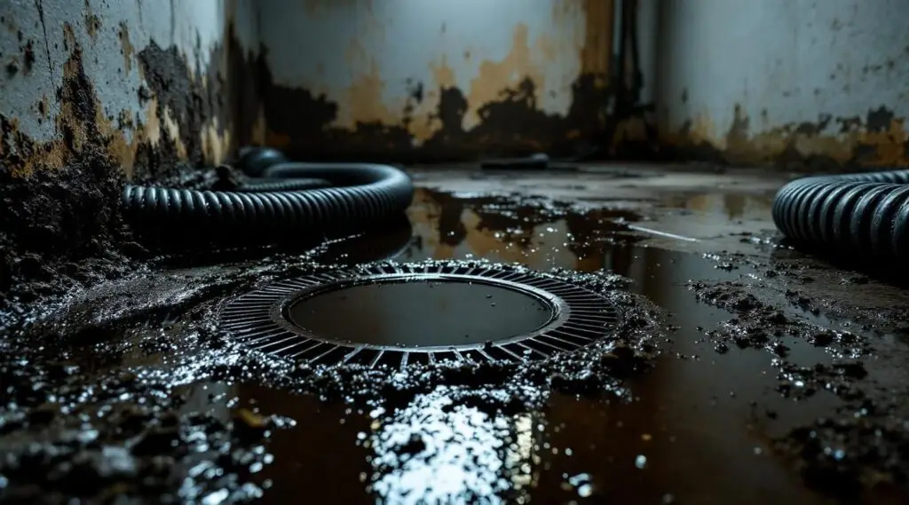 Overwhelmed homeowner looking at a flooded basement floor with sewage, restoration crew arriving in Evans