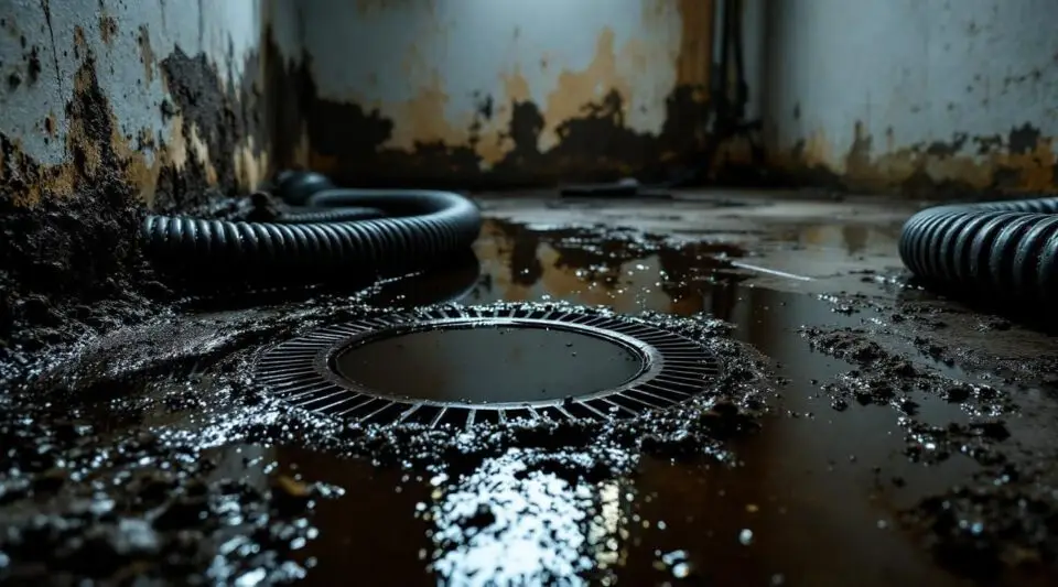 Overwhelmed homeowner looking at a flooded basement floor with sewage, restoration crew arriving in Loveland