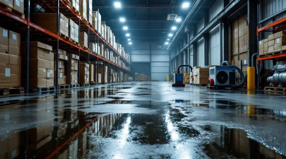 Flooded warehouse floor with industrial water extraction equipment in operation