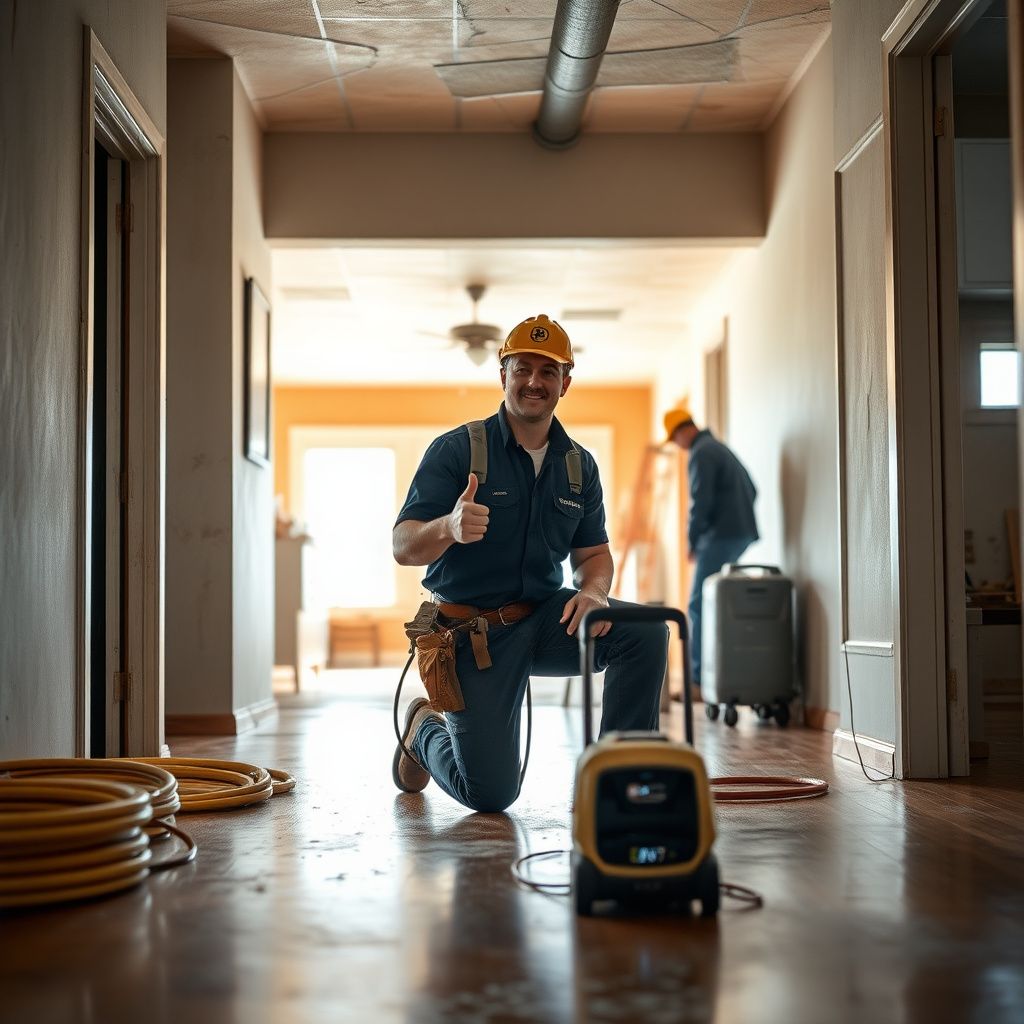 A technician using a thermal imaging camera to detect hidden moisture behind a drywall wall in a Timnath home.