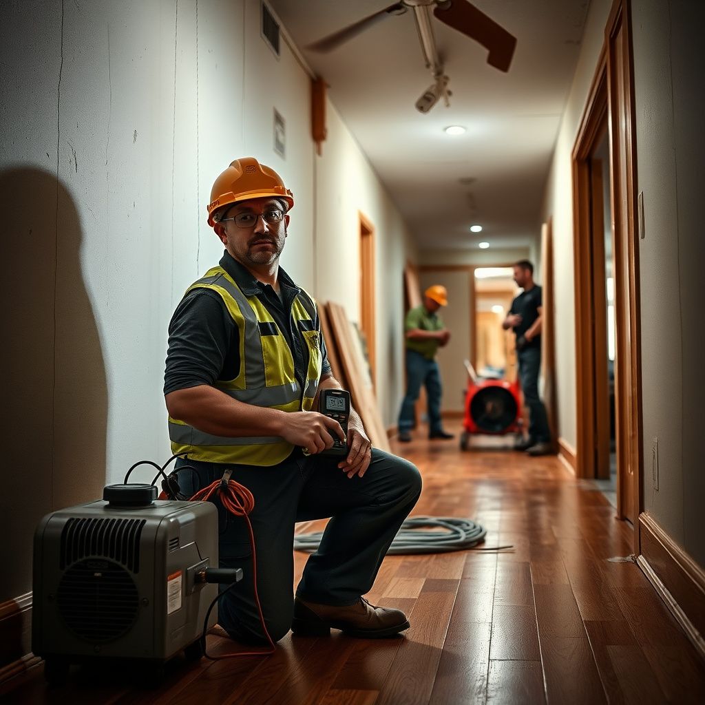 An IICRC-certified technician using a moisture meter to check the dryness of a wall in a Windsor home.