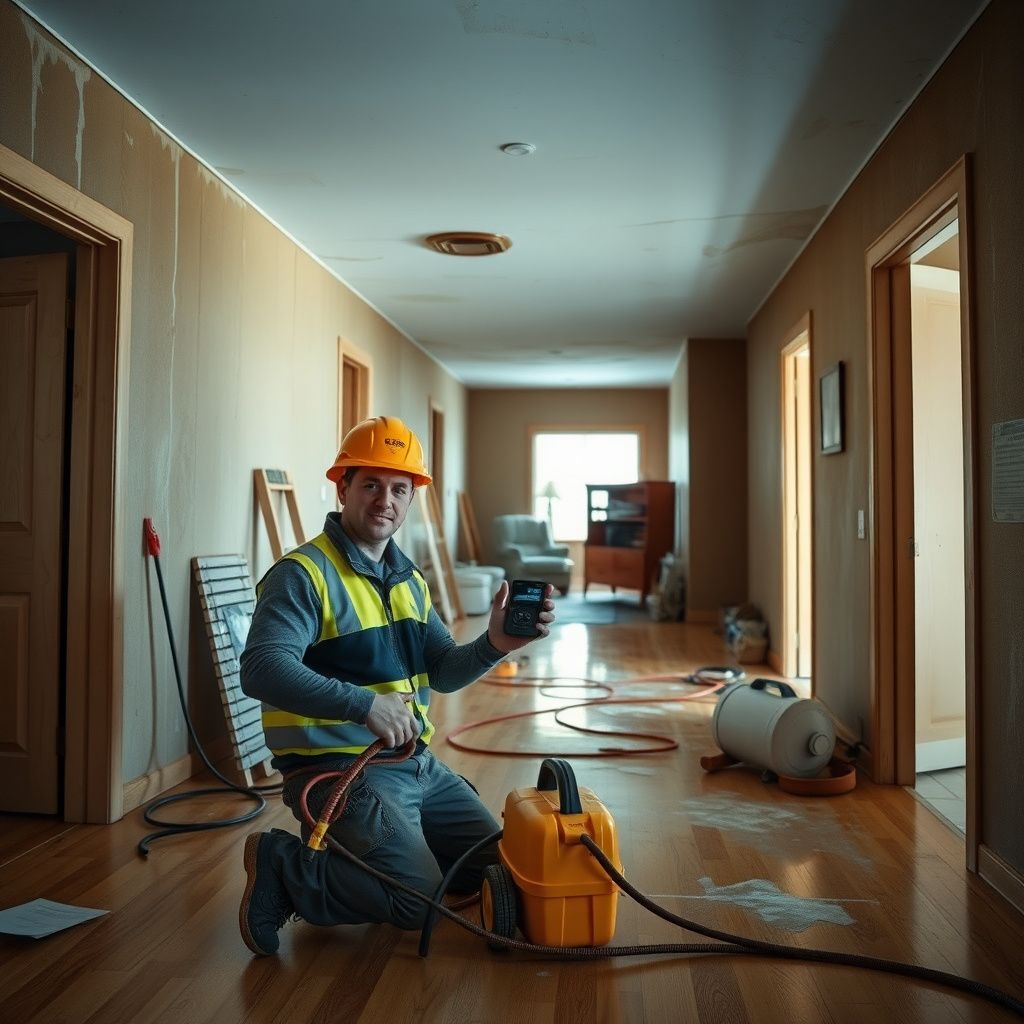 An IICRC-certified technician using a moisture meter to check for hidden dampness behind drywall in a Milliken home.