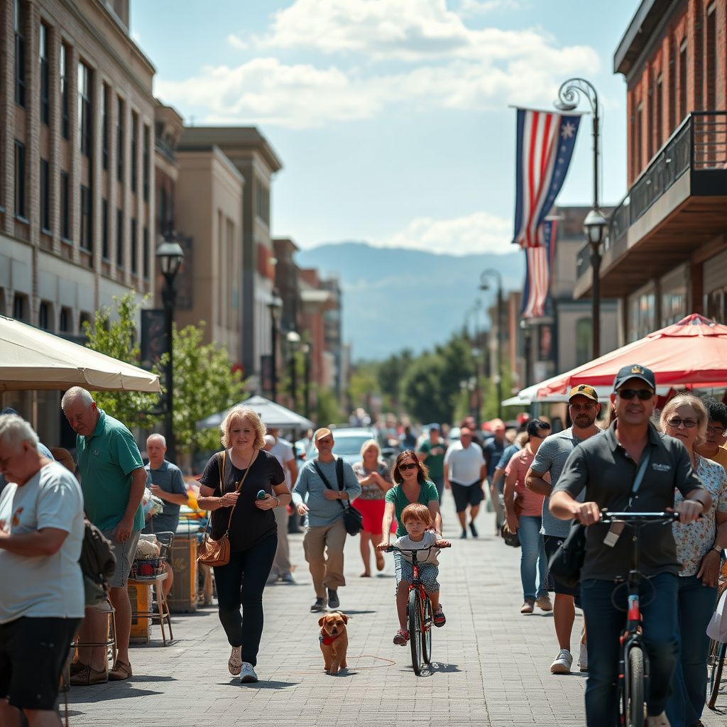 A scenic view of Johnstown, Colorado, showing a blend of historic downtown brick buildings and modern residential neighborhoods under a bright blue sky.