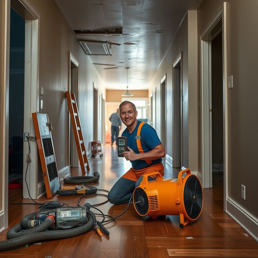 A technician using a moisture meter to check for drywall cavity moisture in an Evans home.