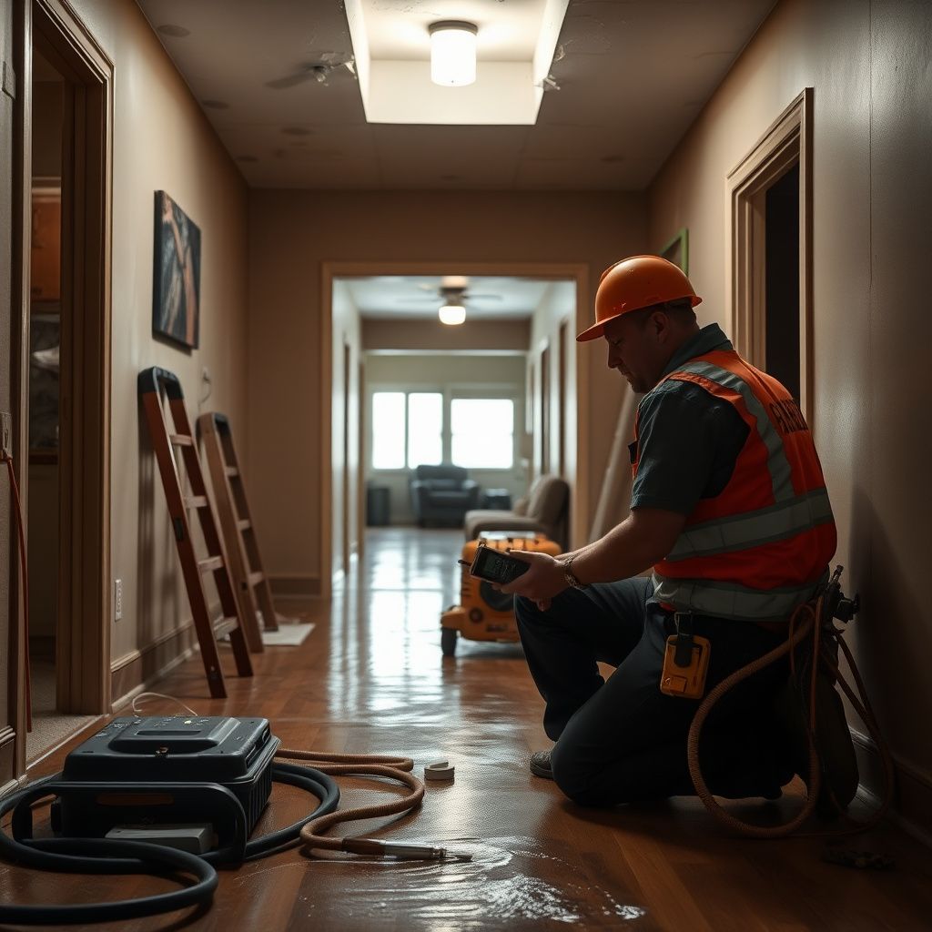 A Dominion Restoration technician using a moisture meter to check for hidden dampness in a Loveland home's drywall.