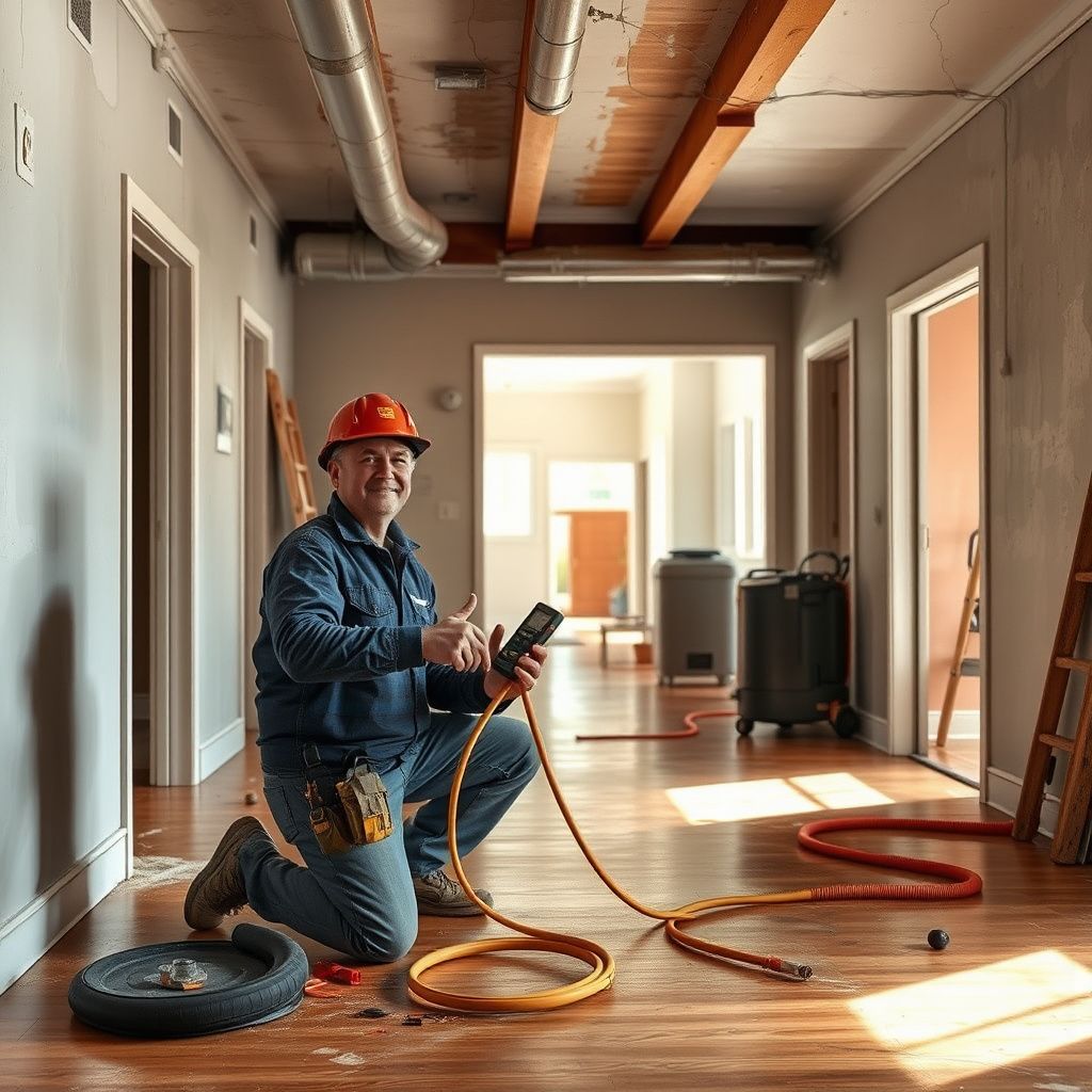 An IICRC-certified technician using a moisture meter to inspect a wall in a Berthoud home.