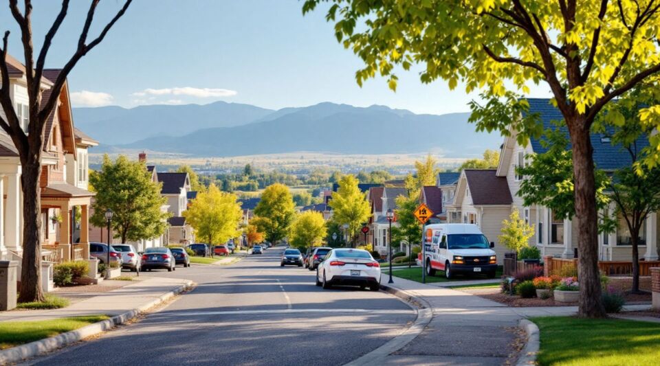 A Dominion Restoration service vehicle parked near a historic Old Town Fort Collins home during a crisp Colorado morning.