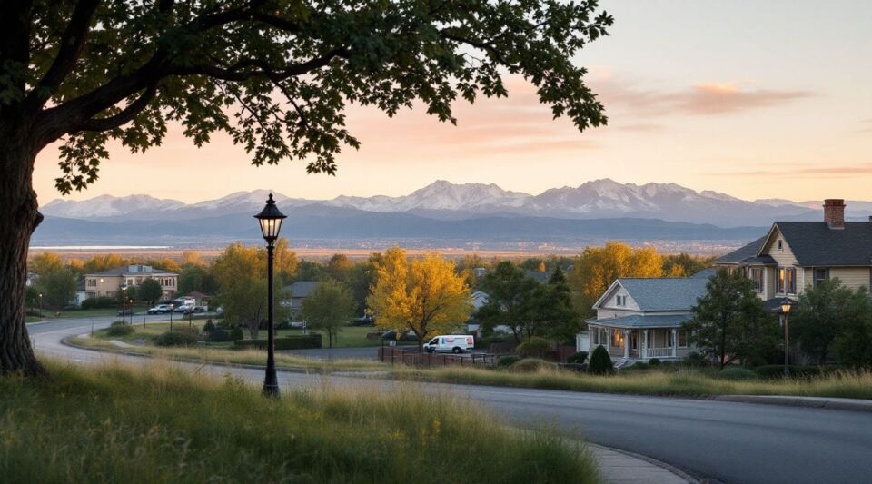 A Dominion Restoration response vehicle parked on a residential street in Timnath, Colorado, with the Front Range mountains visible in the background.