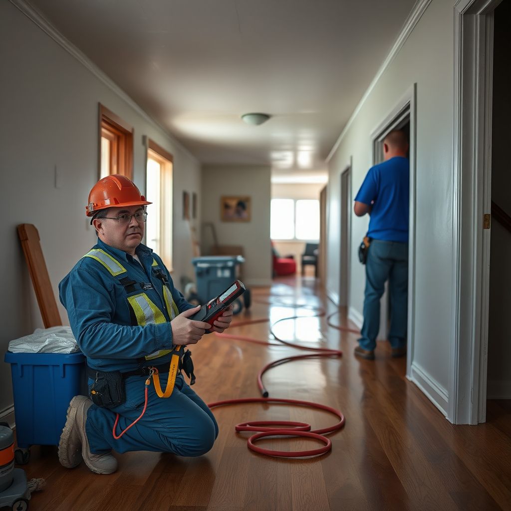 An IICRC-certified technician using a moisture meter to check a drywall cavity in a Greeley home.