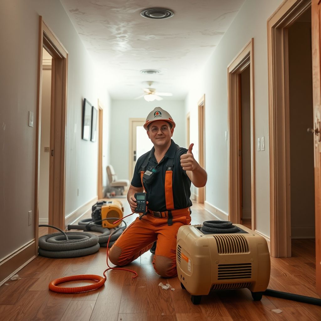 A professional water extraction setup inside a Fort Collins home, showing air movers and a dehumidifier.